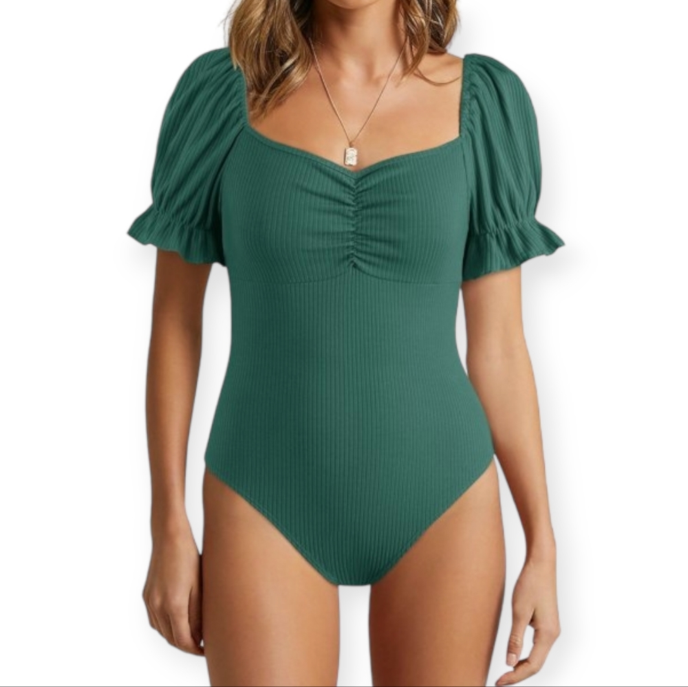 Sweetheart Neck Rib Knit Puff Short Sleeve Bodysuit